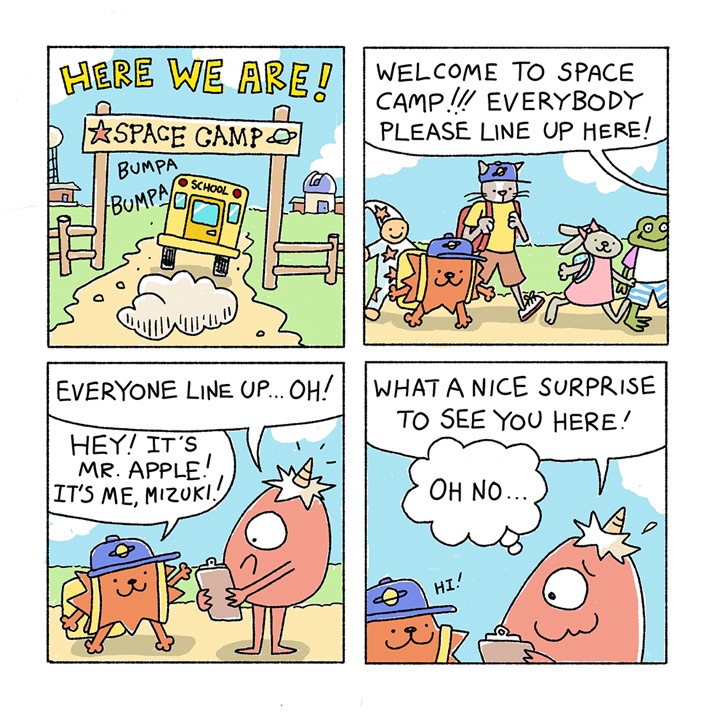 Mizuki arrives at Space Camp and runs into Mr. Apple